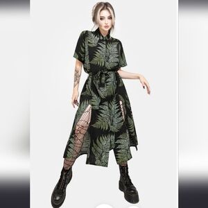 Disturbia Fern Print Black Green Belted Midi Shirt Dress High Slit